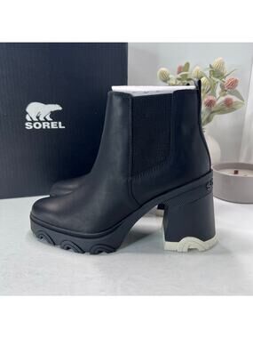 Sorel Brex Heel Chelsea Waterproof Chunky Heel Boot Black/Cream Women 10 NWB